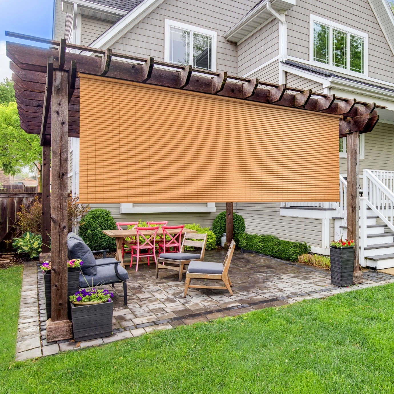 Faux-Wood Roller Shade | Wheel Operated Outdoor Roller Shade